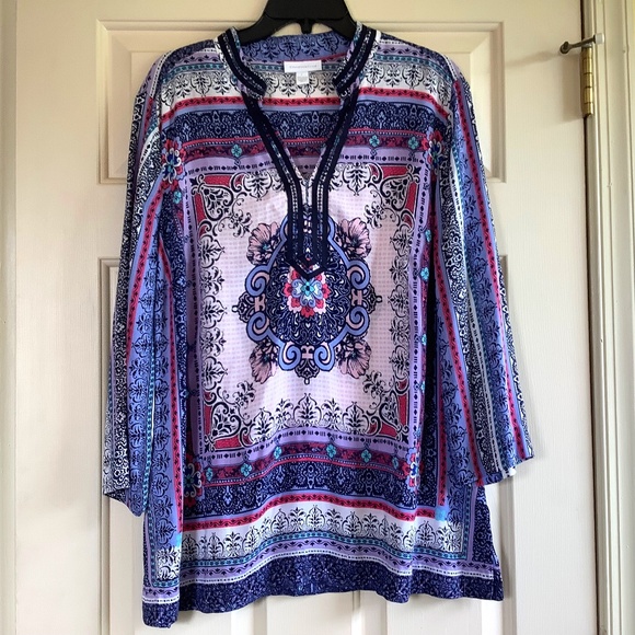 Charter Club Boho Long Tunic Blouse 3/4 Sleeves Multicolored SZ L - Picture 1 of 13